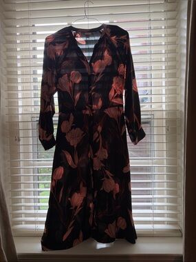 a new day Black Dress with Coral Floral Print - Long Sleeve Midi
